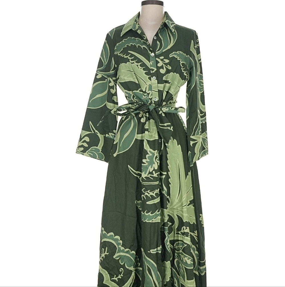 Green Botanical Print Maxi Shirt Dress Zara